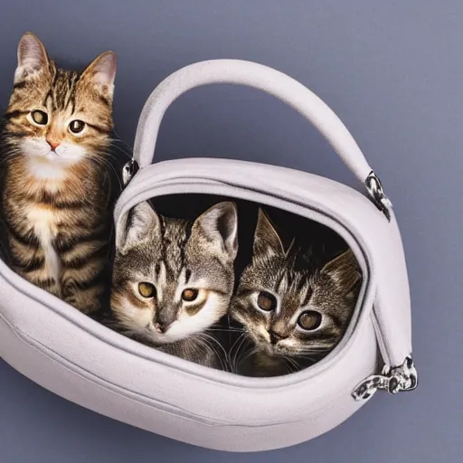 Prompt: a highly detailed photo of multiple furry cats, they are inside a big handbag, gray background, studio lighting, 4 k, 8 k