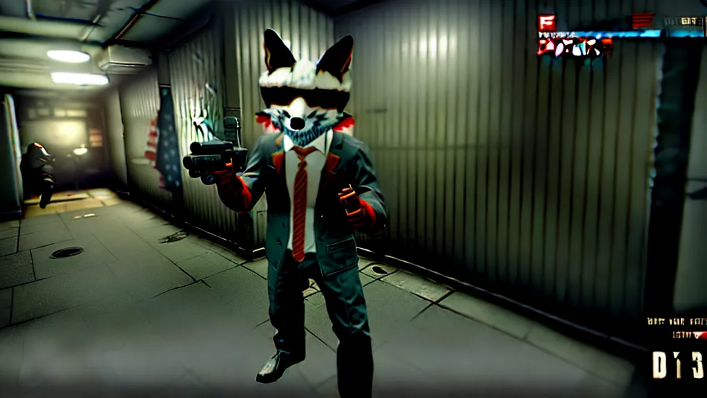 Image similar to screenshot from the pc game payday 2 demonstrating the fursuit unlock - hoxton? more like foxton.