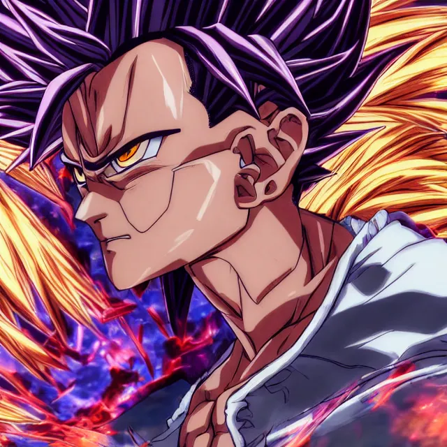 Image similar to handsome anime man goes super saiyan in the style of jojo's bizarre adventure, ultrafine hyperrealistic detailed face illustration by kim jung gi, irakli nadar, intricate linework, sharp focus, bright colors, matte, octopath traveler, final fantasy, unreal engine highly rendered, global illumination, radiant light, intricate rainbow environment