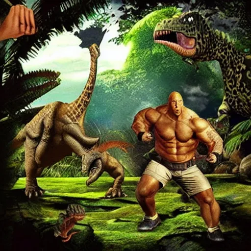 Image similar to “ dwayne johnson fighting dinosaurs in the jungle, playstation 2 graphics ”