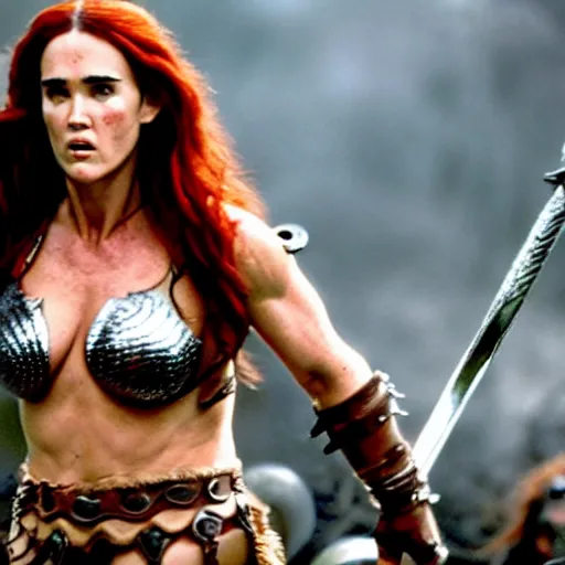 Image similar to jennifer connelly as red sonja, battle scene