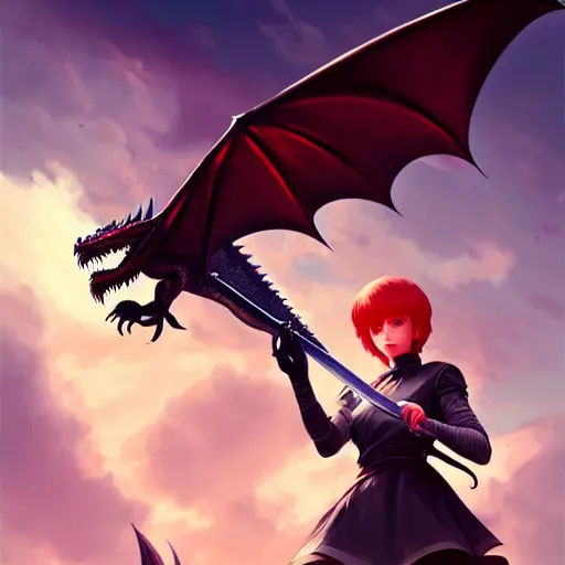 Image similar to a woman holding a sword with a dragon on it, concept art by Ilya Kuvshinov, contest winner, fantasy art, official art, concept art, high detail, experimental, high quality, hyperrealistic, 4k