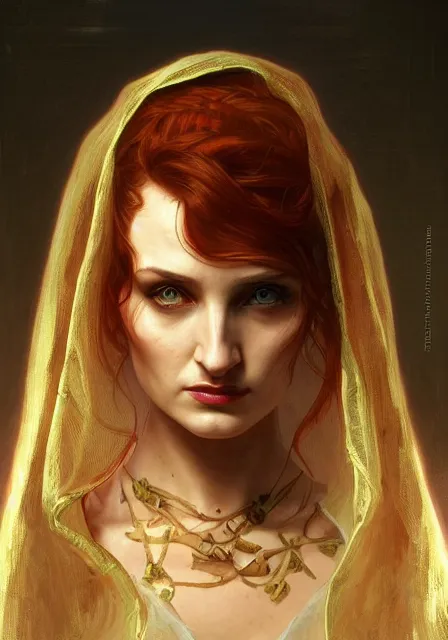 Image similar to sansa angeline jolie gessica chastain mummy zombie killer, intricate, elegant, highly detailed, digital painting, artstation, concept art, smooth, sharp focus, illustration, art by artgerm and greg rutkowski and alphonse mucha and william - adolphe bouguereau