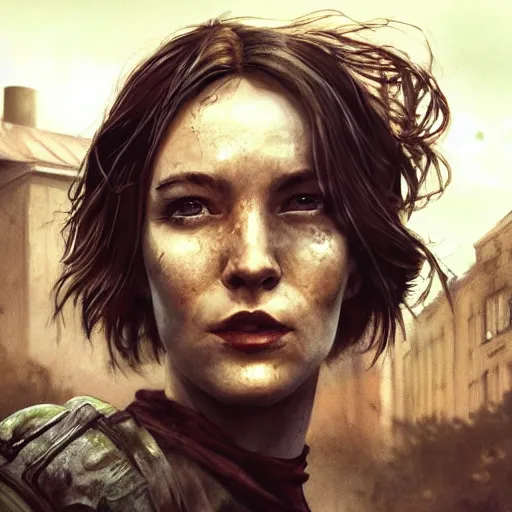 Image similar to fallout 5, charismatic beautiful rugged brunette female protagonist, portrait, outdoors ruined cityscape, atmospheric lighting, painted, intricate, volumetric lighting, beautiful, daytime, sunny weather, slight overcast, sharp focus, deep colours, ultra detailed, by leesha hannigan, ross tran, thierry doizon, kai carpenter, ignacio fernandez rios