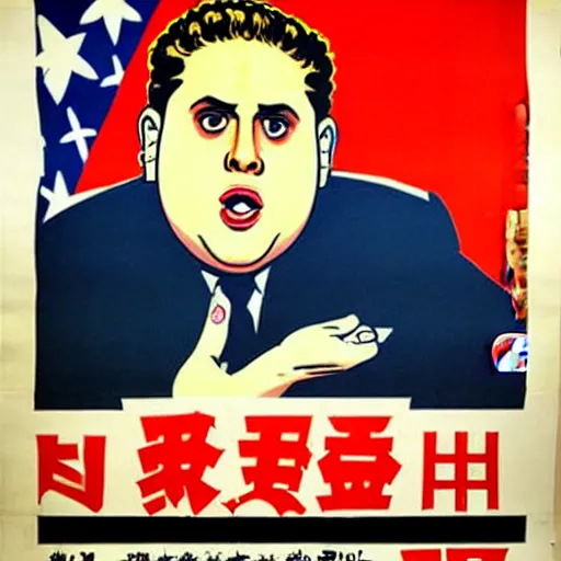 Prompt: how will we capture famous actor jonah hill? he is is causing trouble in this region. How do we stop him? NO JONAH HILLS ALLOWED. JONAH HILL is the subject of this ukiyo-e hellfire eternal damnation catholic strict propaganda poster rules religious. WE RULE WITH AN IRON FIST. mussolini. Dictatorship. Fear. 1940s propaganda poster. 1950s propaganda poster. 1960s propaganda poster. WAR WAR WAR, ANTI JONAH HILL. 🚫 🚫 JONAH HILL. POPE. art by joe mugnaini. art by dmitry moor. Art by Alfred Leete.