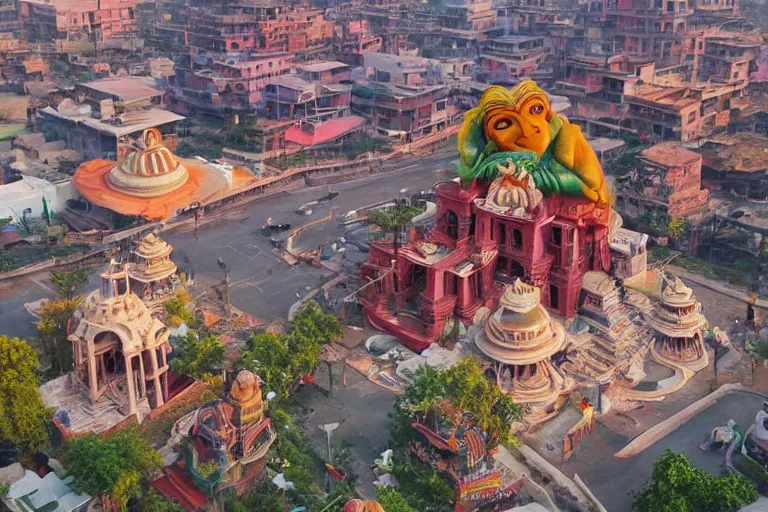 Prompt: gorgeous dreamscape! biomorphic new delhi, hanuman!! head building, kalighat, octane highly detailed cinematic, stephen shore & john j. park, soft morning light, wide shot, high angle, uhd 8 k, deep focus