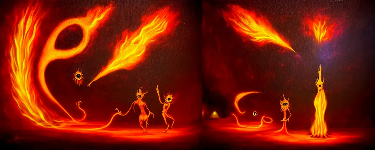 Image similar to whimsical fiery alchemical creatures, surreal dark uncanny painting by ronny khalil