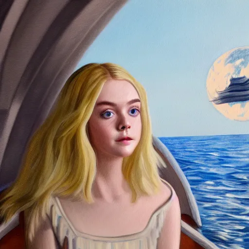 Image similar to Painting of Elle Fanning in front of the moon on a boat. Extremely detailed. 4K. Award winning.