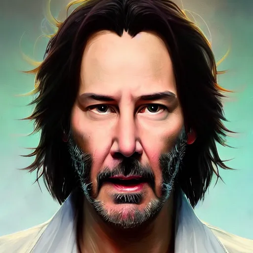 Image similar to keanu reeves as Rick Sanchez, from rick and morty, portrait, highly detailed, digital painting, artstation, concept art, sharp focus, illustration, art by artgerm and greg rutkowski and alphonse mucha