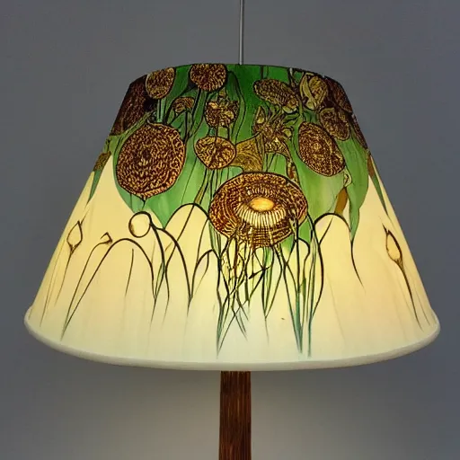 Image similar to beautiful victorian art nouveau mushroom shaped lampshade, river reeds duckweeds close up abstract mallard feathers, mucha tiffany kilian eng