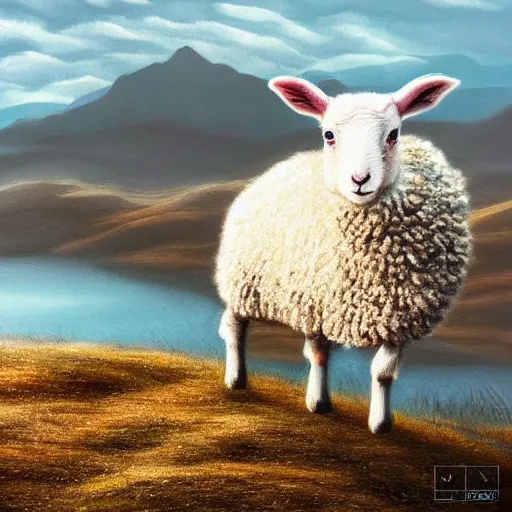 Prompt: lamb wearing a sweater, sweater, canon portrait, full body shot, 4k, hills in the background, symmetry!!, coherent, photorealistic, cold colors, Scotland artstation,