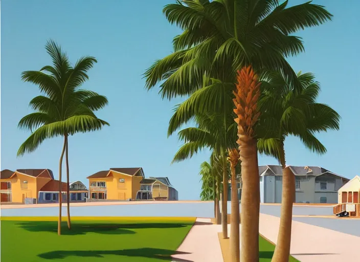 Image similar to houses near the beach, palm trees, 8 0's aesthetic, kenton nelson,