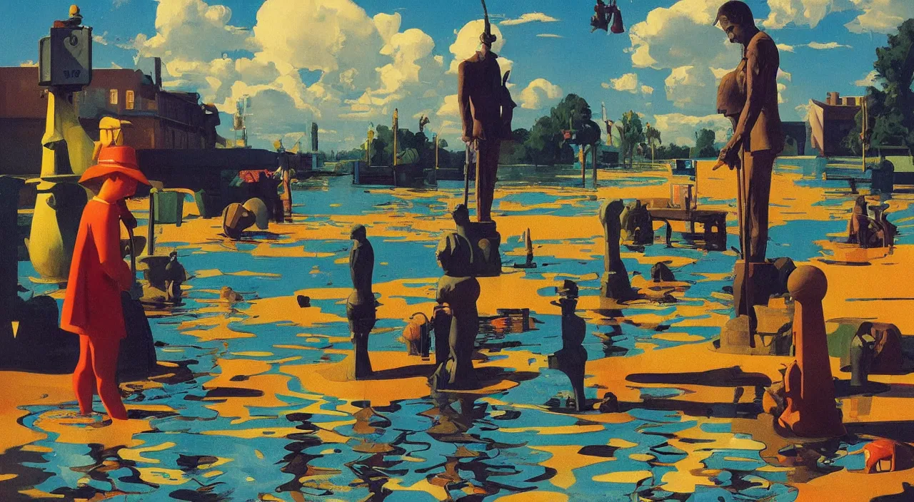 Prompt: flooded colorful single weird statue, very coherent high contrast!! painting by stalenhag spitzweg magritte syd mead norman rockwell edward hopper james gilleard, dark shadows, sunny day, triadic color scheme, hard lighting, masterpiece