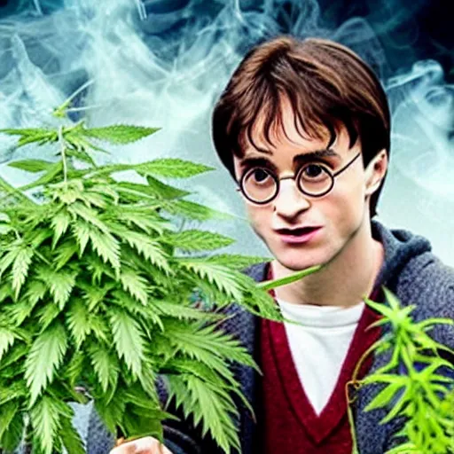 Prompt: harry potter smoking weed, surrounded by weed plants, joints falling from sky, smoke everywhere, fire smoke dense red eyes, eating weed leaf, weed flying everywhere