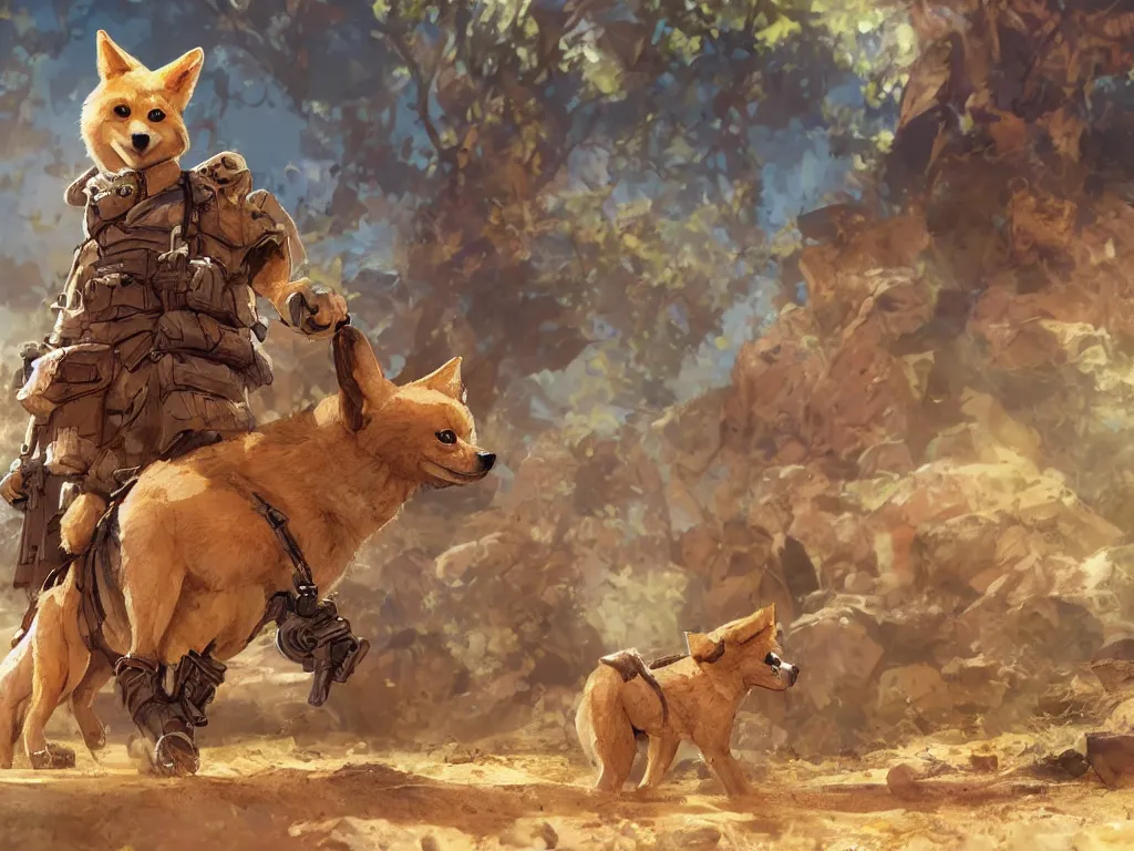 Prompt: stylized character concept art of the small cute dingo dog in the australia outback, hidari, color page, tankoban, 4 k, tone mapping, akihiko yoshida, clean bright happy adventure