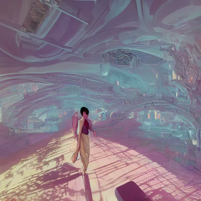Prompt: maggie cheung, science fiction, extremely detailed, sharp focus, pastel colors, intricate, hard light, illustration, volumetric lighting, digital painting, by roger dean, by santiago calatrava, by simon stalenhag