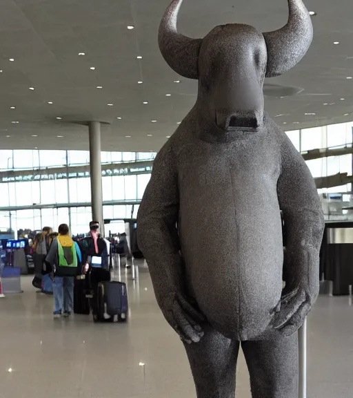 Prompt: perfect blend of cow and man at the airport technoir