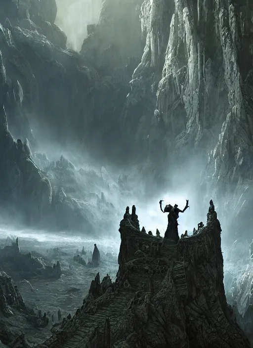 Image similar to medieval adventurers with one angry dragon in the lord of the rings scenery landscape, inside an enormous alien cathedral, portal to another dimension in the sky, highly detailed, cinematic lighting, perfect composition, 4 k, gustave dore, derek zabrocki, greg rutkowski, beksinski, octane render