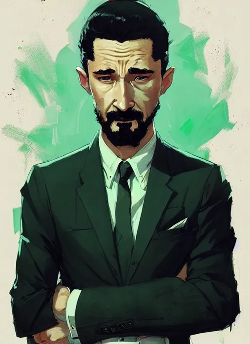 Prompt: highly detailed closeup portrait of very serious staring shia lebouf, in a suit by atey ghailan, by greg rutkowski, by greg tocchini, by james gilleard, by joe fenton, by kaethe butcher, gradient green, black and white color scheme, grunge aesthetic!!! ( ( graffiti tag wall background ) )