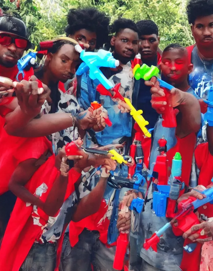 Prompt: bloods gang members showing off their plastic colorful water guns, bad quality, phone photo, leaked photo, paparazzi photo, realistic, 720p