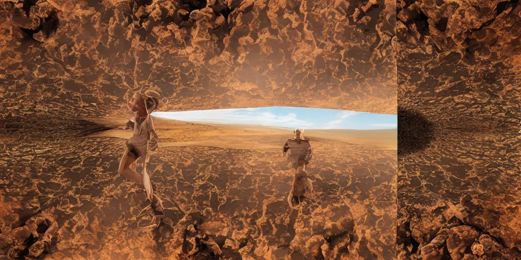 Prompt: levitating woman with full - face golden mask in a dry rocky fractal desert landscape, visible sky and sunny atmosphere, fata morgana and giant square infinite mirrors by alejandro jodorowsky, anamorphic lens, kodakchrome, practical effects, masterpiece, 8 k