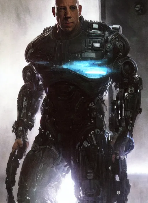 Image similar to vin diesel as victor stone, full body concept, cyborg, borg, strogg, face of a man, terminator, flesh, quake strogg, doom demon, wolfenstein, monstrous, powerful, symmetry, symmetrical, concept art by ruan jia and greg rutkowski