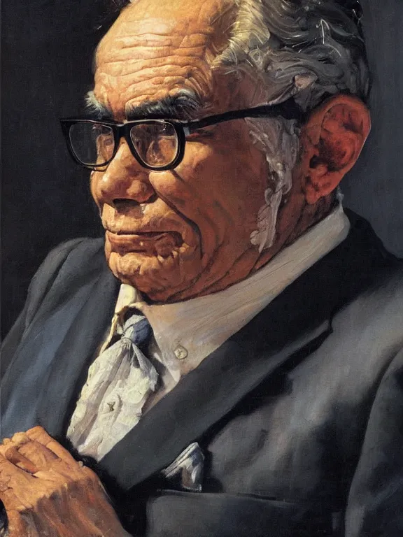 Image similar to portrait of isaac asimov, in a style blend of norman rockwell and frederick remington and mort kunstler, oil painting, volumetric lighting, intricate details