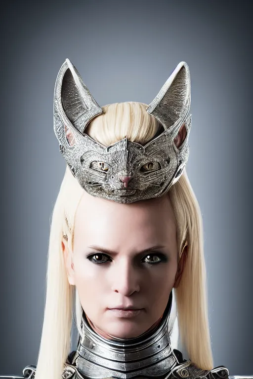 Image similar to female knight wearing a real cat on her head, armor designed by wayne barlowe, swarovski and tiffany, blonde hair, symmetry, sci - fi, cinematic, elegant, luxury, perfect light, perfect composition, dlsr photography, sharp focus, dark fantasy, 4 k, ultra hd, sense of awe, highly detailed, realistic, intricate