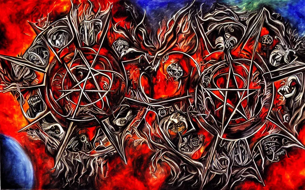 Prompt: the 7 layers of hell, doomsday, satan, pentagram, detailed, busy, hectic, painting by leona creo