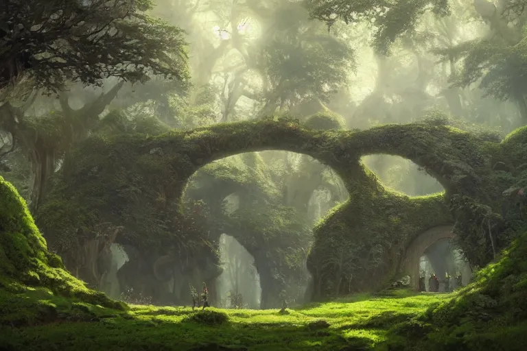 Image similar to natural arches covered in bushes and moss, sunny day, long shot, matte painting, digital art, by greg rutkowski, in the style of studio ghibli, vivid colors, highly detailed, 8 k, establishing shot, smooth, trending on artstation, illustration, realistic