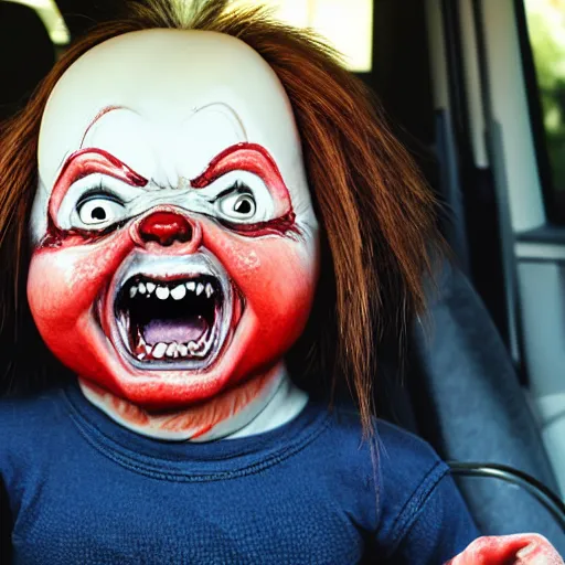 Prompt: middle aged screaming chucky doll driving to work in a minivan and stuck in gridlock traffic
