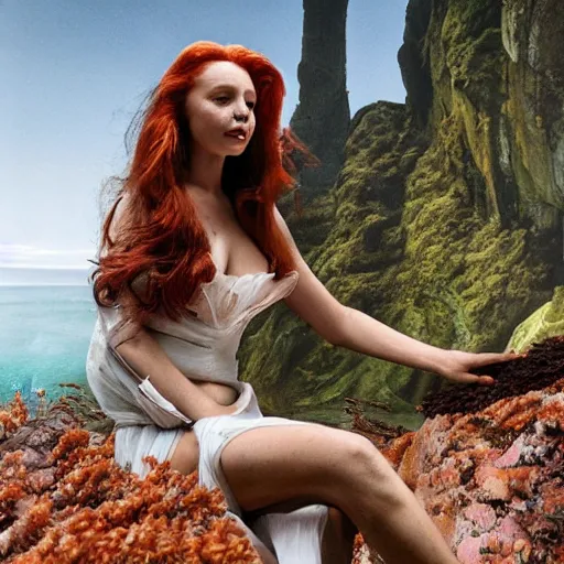 Image similar to a portrait of ariel the little mermaid with background scenery by juergen teller, iris van herpen