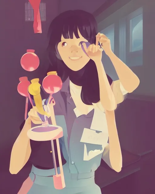 Image similar to a little girl is doing a science experiment. clean cel shaded vector art. minimalist illustration art by lois van baarle, artgerm, helen huang by makoto shinkai and ilya kuvshinov, rossdraws