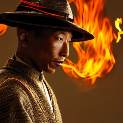 Image similar to cinematic film still Pharrell Williams starring as a Samurai holding fire, Japanese CGI, VFX, 2003, 40mm lens, shallow depth of field,film photography