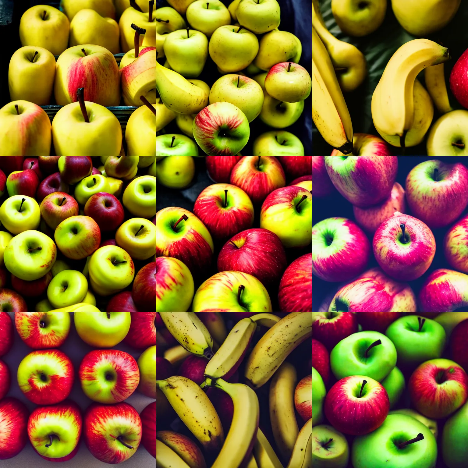 Prompt: banana shaped apples, close up shot, photography