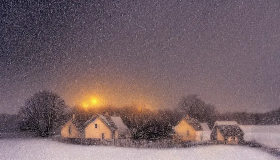 Prompt: Snowy Landscape with Blizzard! in a snowstorm!, a single Small shack in the distance with orange lights in the windows, snowstorm, digital art, highly detailed, blizzard, 4k