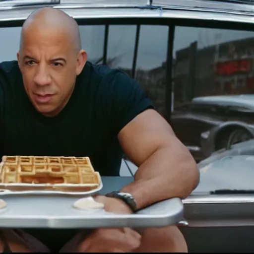 Prompt: movie still of vin diesel eating waffles in a car