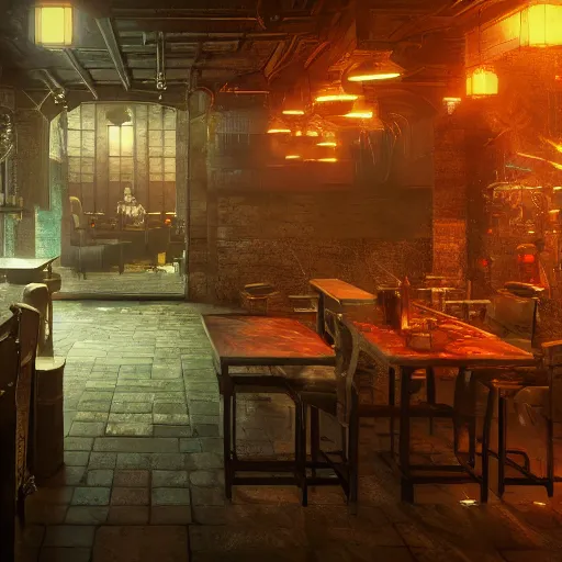 Image similar to ultra mega super hyper realistic Digital concept art of Cyberpunk tavern mixed with medieval style. Rendered in VRAY and DaVinci Resolve and MAXWELL and LUMION 3D, Volumetric natural light