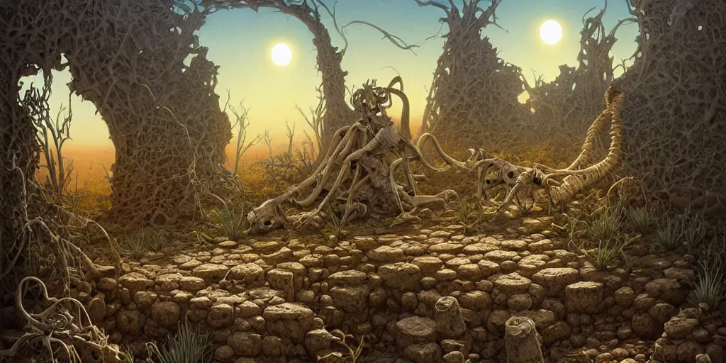 Prompt: a fantasy night desert landscape, ruins, bones, overgrown, arid ecosystem, digital illustration by michael whelan and leyendecker and artgerm, intricate details, surreal, photorealistic, award winning