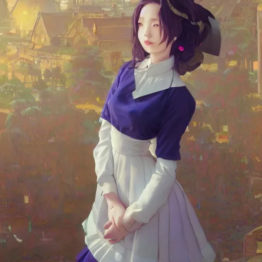 Image similar to a young woman in maid uniform by Stanley Artgerm Lau, WLOP, Rossdraws, Guweiz, Marc Simonetti, kyoani, krenz cushart, pixiv, background by James Jean and gustav klimt and John Marshall Gamble, 4k, volumetric lighting, french nouveau, trending on artstation, octane render, hyperrealistic