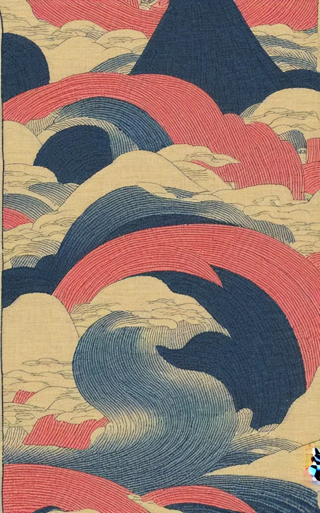 Prompt: wave, particle, synth, frequencies, pattern, oscillation. wave-particle duality. beautiful japanese embroidery, stunning, vibrant, colorful, shin-hanga, ukiyo-e