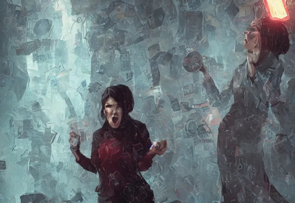 Image similar to angry woman holding placard, detailed digital illustration by greg rutkowski, android netrunner