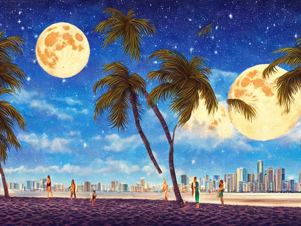 Prompt: night on a summer miami beach, city on the background, palm trees, footprints in the sand, full moon reflected in the calm ocean, starry sky 8 k, ultra detailed, trending on artstation, digital painting