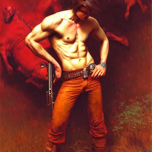 Prompt: a homoerotic painting of a shirtless gunslinger wearing a bandolier and fringed leather pants in a red dert at twilight, natural lighting, path traced, highly detailed, high quality, digital painting, by gaston bussiere, craig mullins, alphonse mucha, j. c. leyendecker