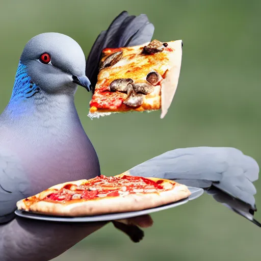 Prompt: a pigeon eating a pizza with its wings