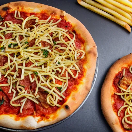 Prompt: French fries on Pizza with Spaghetti