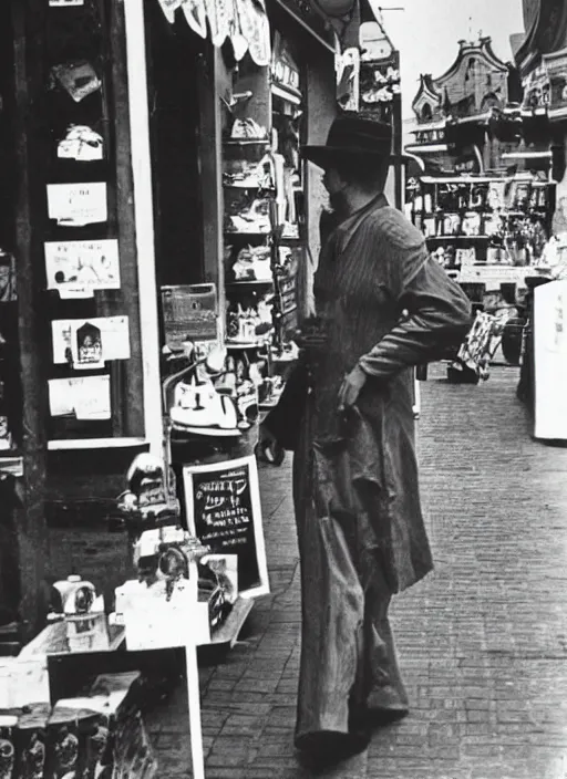 Prompt: a vintage photo of an alien shopping in old Batavia city