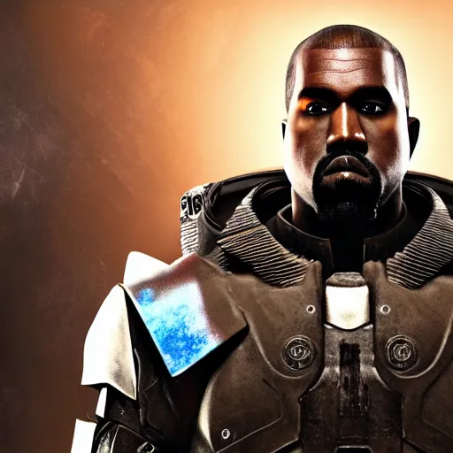 Prompt: Portrait of Kanye West as the emperor of humanity from warhammer 40k in Gears of War, splash art, movie still, cinematic lighting, dramatic, octane render, long lens, shallow depth of field, bokeh, anamorphic lens flare, 8k, hyper detailed, 35mm film grain