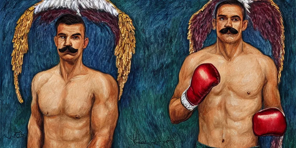 Image similar to a boxer with angel wings, a halo and a mustache by joshua raphael