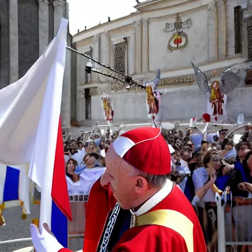 Image similar to pope francis riding giant white mech with the papal flag painted on it, leading the swiss guard in an invasion of eastern europe